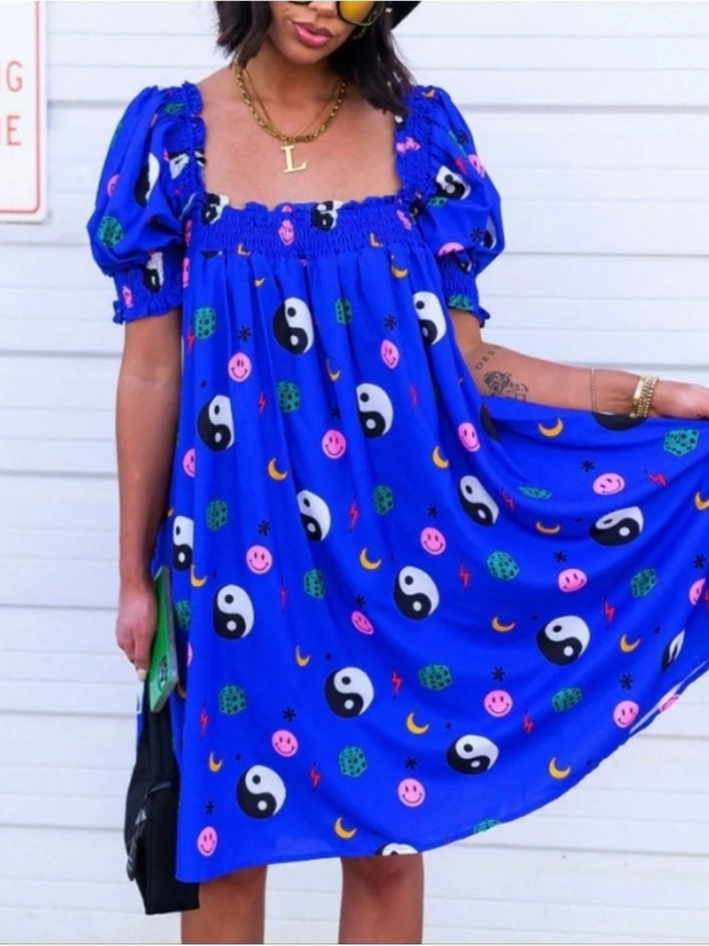Dressed in Lala Forget the Rules Blue Yin Yang Smiley Face Smocked Mini Dress S